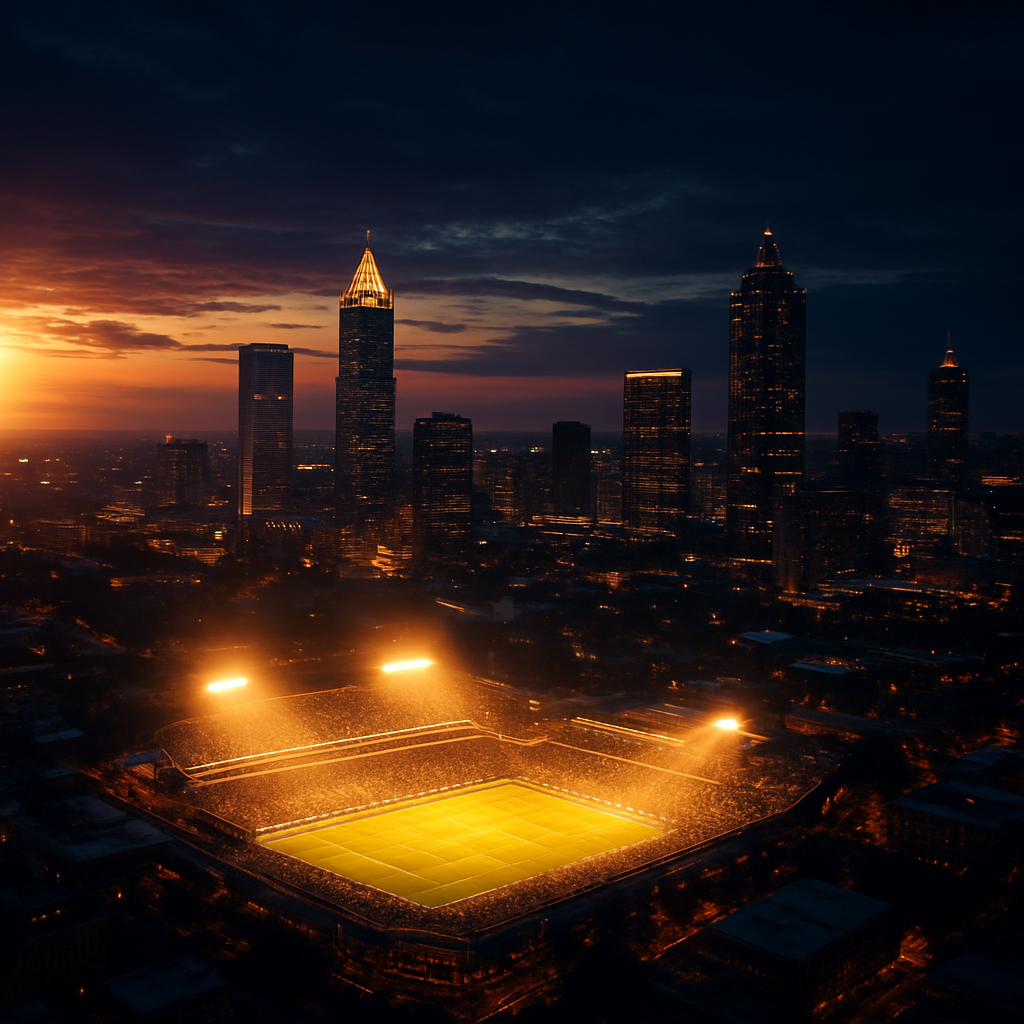 Atlanta skyline at dusk with a glowing soccer stadium